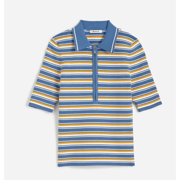 NWT Madewell Size XXS Half-Zip Johnny-Collar Polo‎ Delphinium Stripe Blue Y2K - Picture 1 of 10